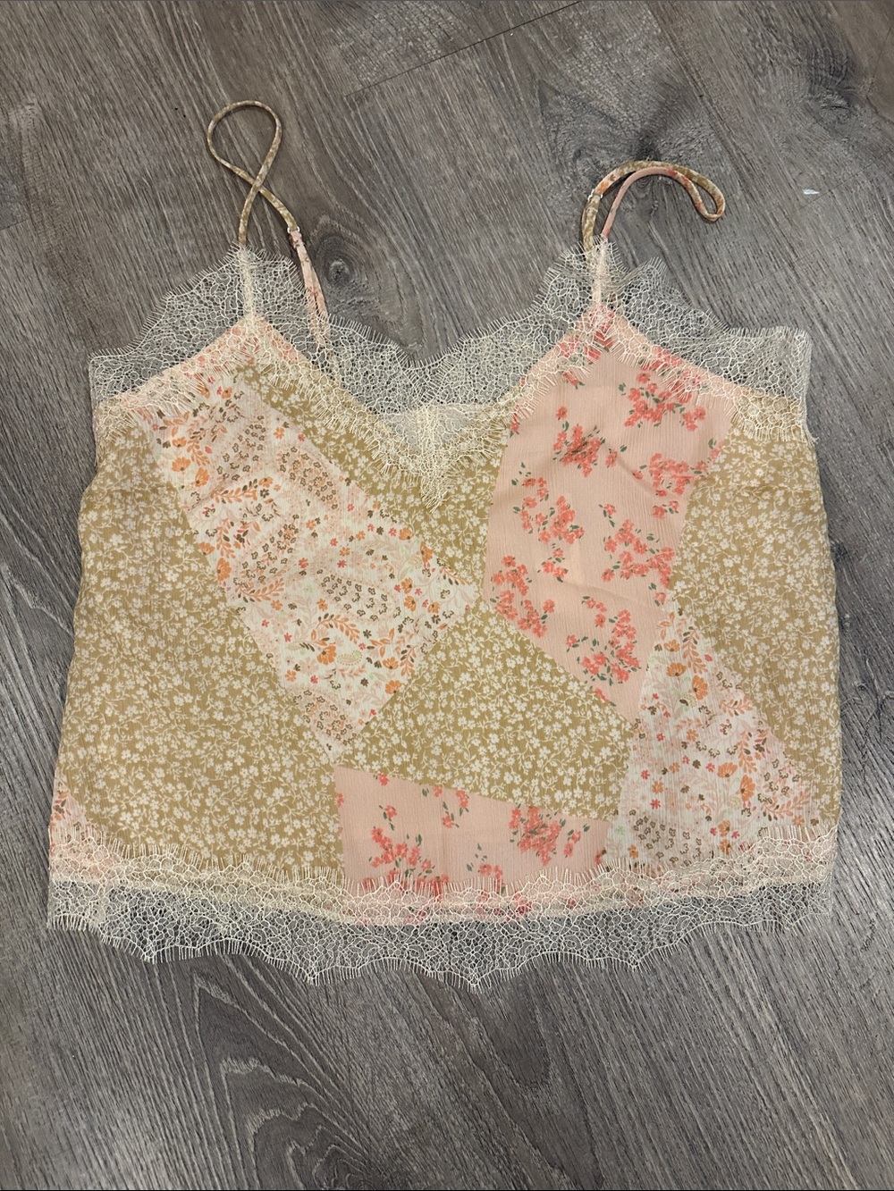 LOFT Floral Patchwork Lace-Trim Camisole in Blush and Olive - Women Tops
